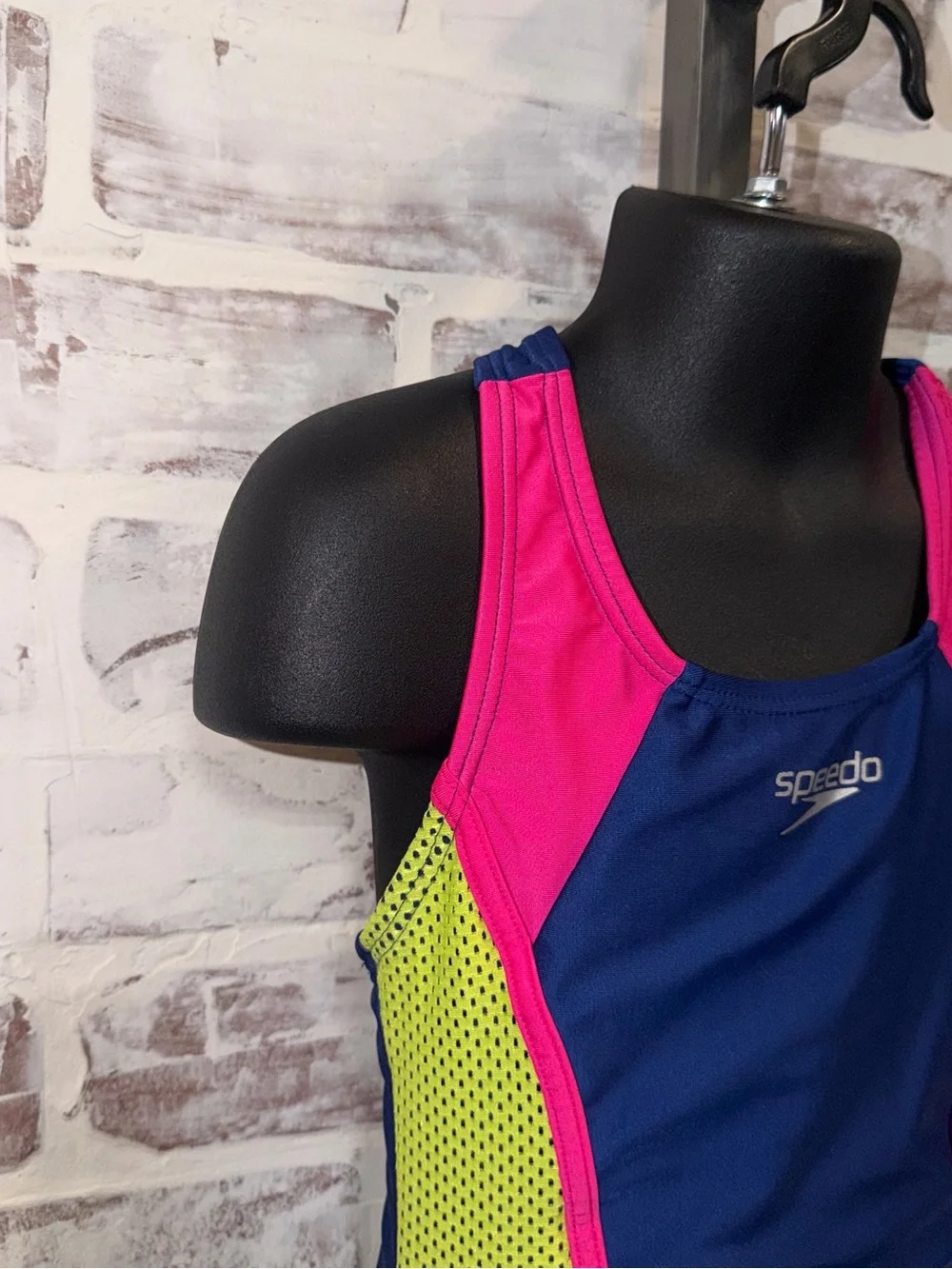 Speedo Girls Navy Blue, Hot Pink & Neon Yellow One-Piece Swimsuit XS 5/6